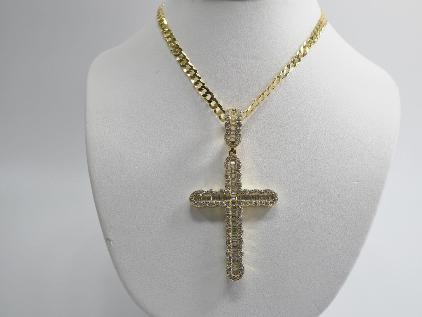 14k Gold Tone Sterling Silver Cross Pendant - 24 Inch Cuban Chain
