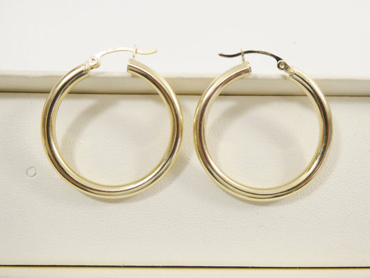 14K real solid yellow gold 30mm round hoop earring snap closure high polish finish