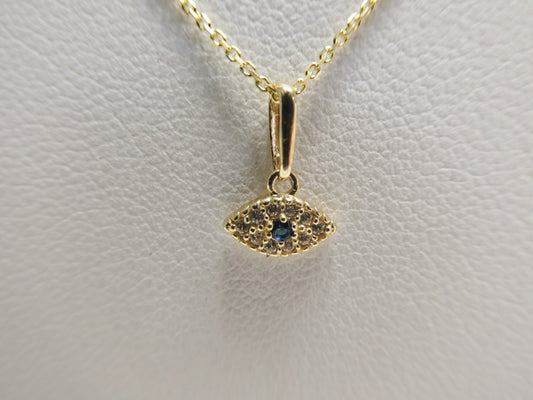 14k real solid yellow gold small evil eye pendent and cable necklace