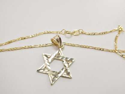 10k Yellow Gold Star of David Pendant Necklace: 18 inch Figaro Chain