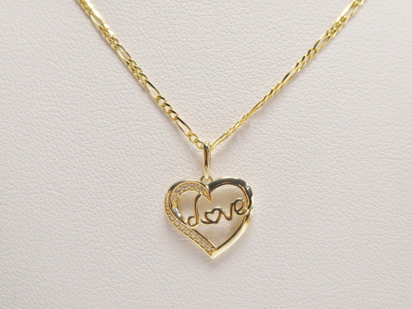 10k Yellow Gold Figaro Chain Necklace with Love Heart Pendant