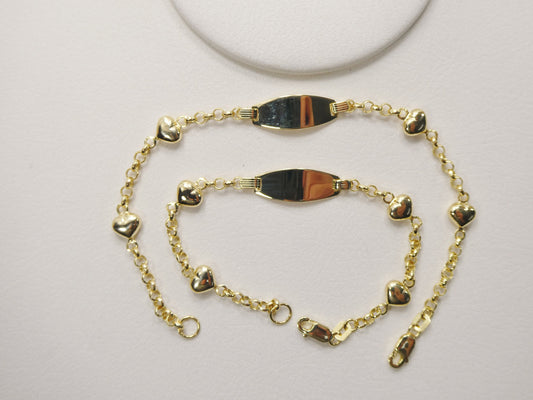 real 10k solid yellow gold 5.5/ 6.5 inch children/women double heart id bracelet