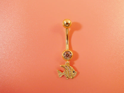 14k Real Solid Yellow Gold Fish Dangling Belly Button Ring Piercing