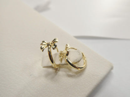 Real 10k Solid Yellow Gold Designer Bow Hoop Huggie Earrings