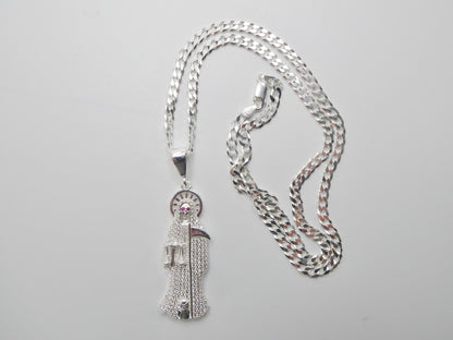 Real 925 Sterling Silver 22 inch Flat Chain And Large Santa Muerte Pendent Charm