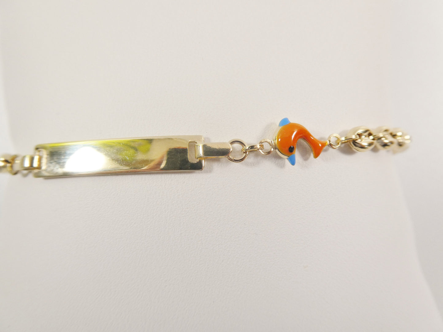 14k Yellow Gold Baby ID Bracelet: Enamel Dolphin Mariner Chain, 6 Inch