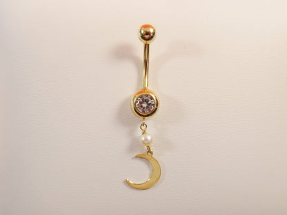 14k Real Solid Yellow Gold Dangling Moon Belly Button Ring Piercing