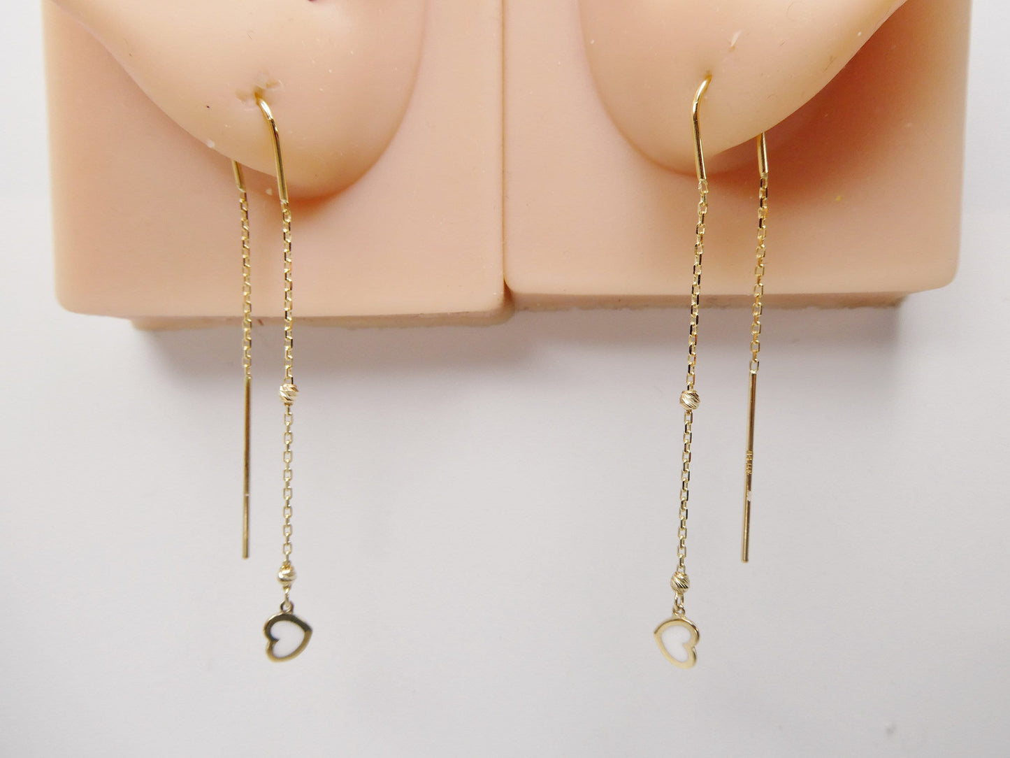 14k real solid yellow gold white heart enamel long dangling earrings