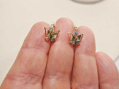 Real 10k Solid Yellow Gold Designer Butterfly Hoop Huggie Earrings