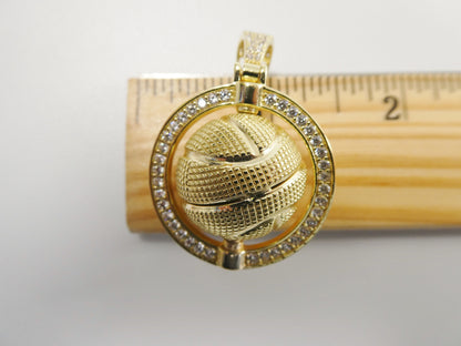 Real 925 Sterling Silver Basket Ball Charm Pendent 14k Yellow Gold Finish