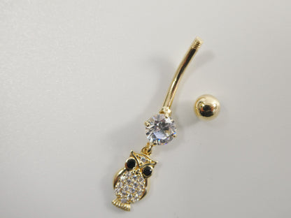 14k Real Solid Yellow Gold Owl Dangling Belly Button Ring Piercing