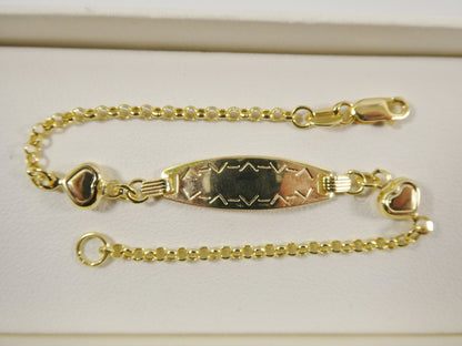 14k Real Solid Yellow Gold Double Heart 6 Inch Baby ID Bracelet