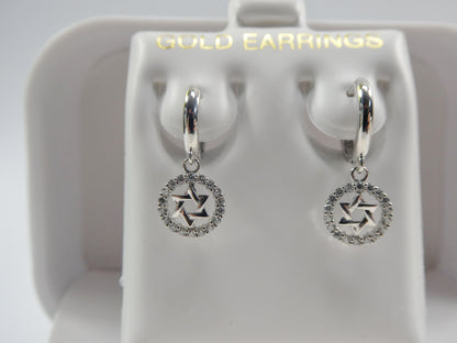 10k Real Solid Gold Star David Dangle On Plain Huggie Fancy Earrings