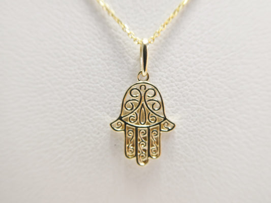 14k real solid yellow gold hand hamsa  pendent and cable necklace