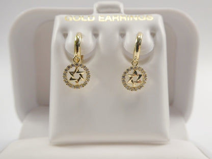 10k Real Solid Gold Star David Dangle On Plain Huggie Fancy Earrings
