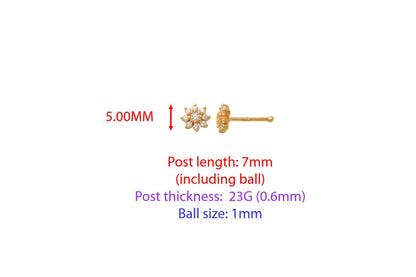 14k Real Solid Yellow Gold Full Stone Setting Flower Stud Nose Raing