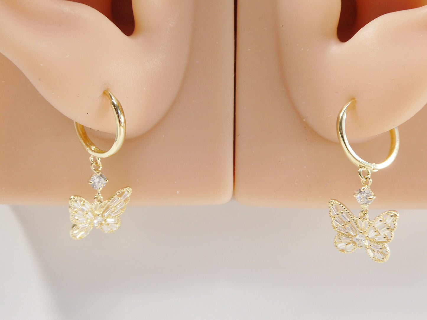 real 10k solid yellow gold butterfly drop baguette setting hoop huggie earring