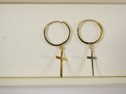 10k Real Solid Yellow Gold Plain Hoop Huggie Cross Dropping