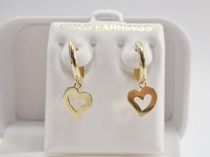 Real 10k Solid Yellow Gold Plain Heart Dangle Hoop Huggie Earrings