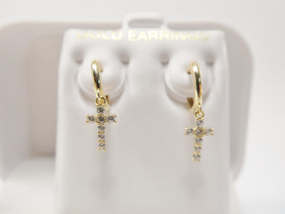 Real 10k Solid Yellow Gold Cross Dropping Hoop Huggie Earrings