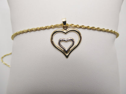 14k Real Solid Yellow Gold Two Tone Double Heart Pendent and Robe Necklace