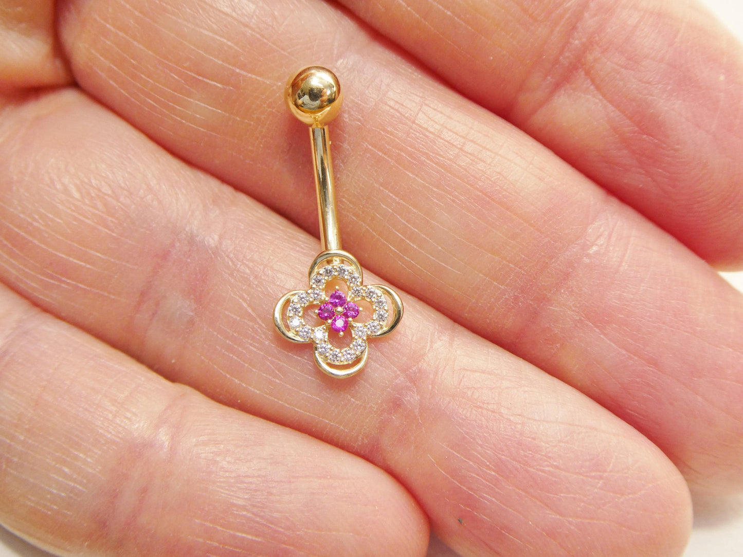 14k real solid yellow gold flower belly button ring piercing