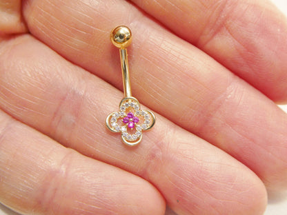 14k Real Solid Yellow Gold Flower Belly Button Ring Piercing