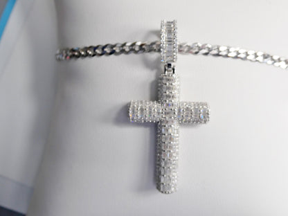 Real 925 Sterling Silver 22 Inch Flat Chain and Moissanite Cross Pendent Charm