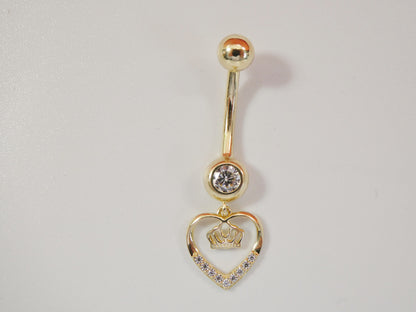 14k Real Solid Yellow Gold Dangling Crown Heart Belly Button Ring Piercing
