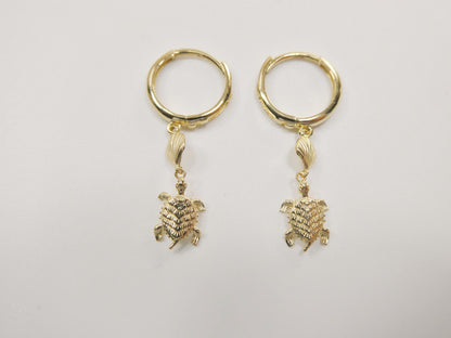 10k Real Yellow Gold Turtle Dangle Plain Huggie Earrings
