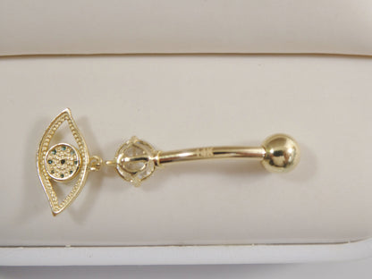 14k Real Solid Yellow Gold Evil Eye Dangling Belly Button Ring Piercing