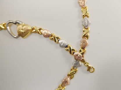 Real 925 Sterling Silver Double Heart xo Heart Tri Color Set Necklace And Bracelet