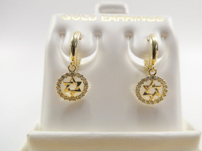 10k Real Solid Gold Star David Dangle On Plain Huggie Fancy Earrings