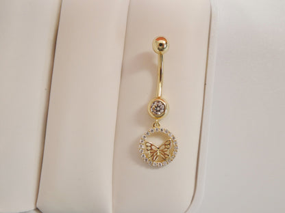 14k Real Solid Yellow Gold Dangling Circle Butterfly Belly Button Ring Piercing