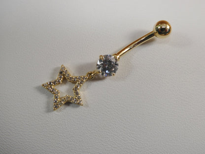 14k Real Solid Yellow Gold Dangling Star Belly Button Ring Piercing