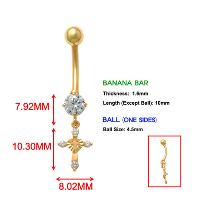 14k Real Solid Yellow Gold Dangling Cross Belly Button Ring Piercing