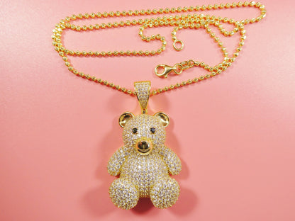Real 925 Sterling Silver Teddy Bear Pendent and 2mm 20 Inch Moon Cut Chain
