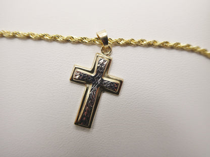 14k Real Solid Yellow Gold Two Tone Cross Pendent and Robe Necklace