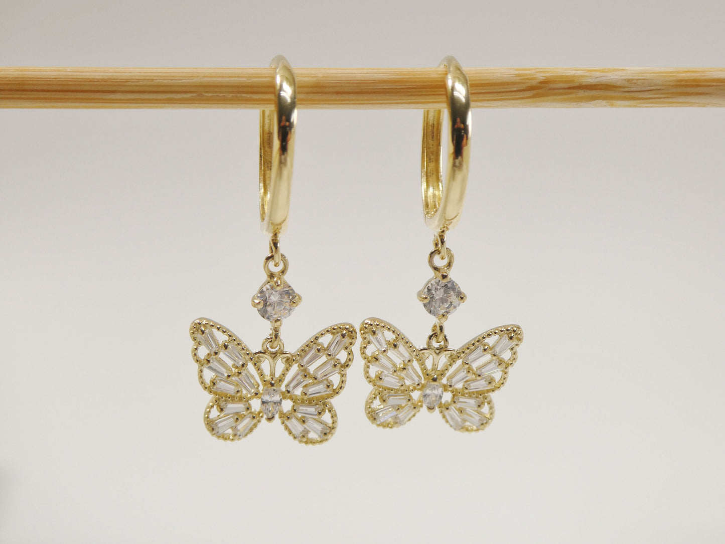 real 10k solid yellow gold butterfly drop baguette setting hoop huggie earring