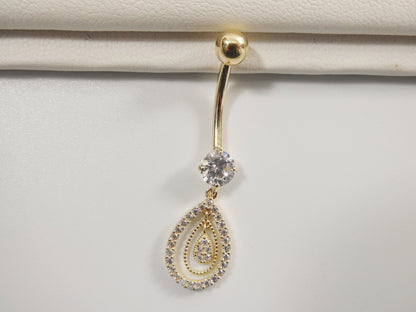 14k Real Solid Yellow Gold Oval Dangling Belly Button Ring Piercing