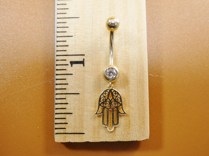 14k Real Solid Yellow Gold Dangling Hamsa Hand Belly Button Ring Piercing