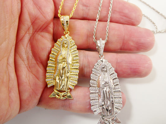 real 925 sterling silver 14k yellow / silver color 18 inch robe chain and Guadalupe virgin pendent