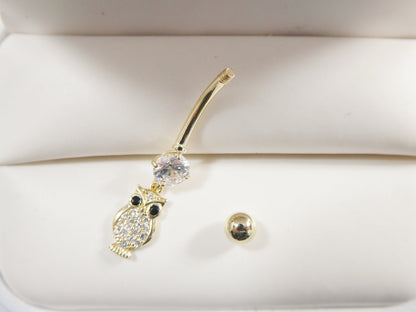 14k Real Solid Yellow Gold Owl Dangling Belly Button Ring Piercing