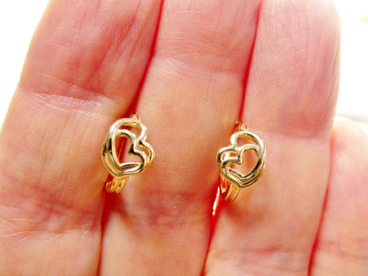 real 10k solid yellow gold designer double heart  hoop huggie earrings