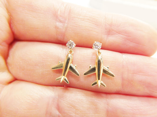 real 10k solid yellow gold plane dangling push post earrings