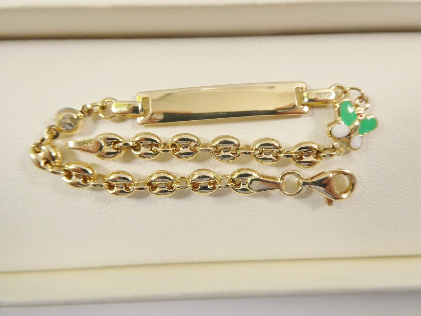 14k Yellow Gold Baby ID Bracelet: Enamel Butterfly Mariner Chain