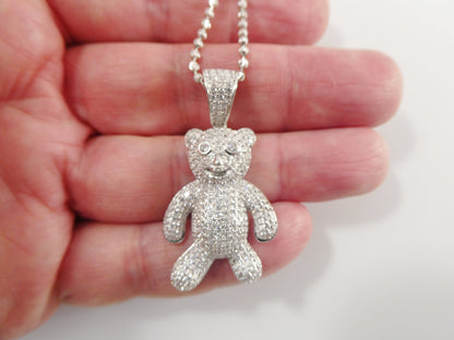Real 925 Sterling Silver Teddy Bear Pendent and 2mm 18 Inch Moon Cut Chain
