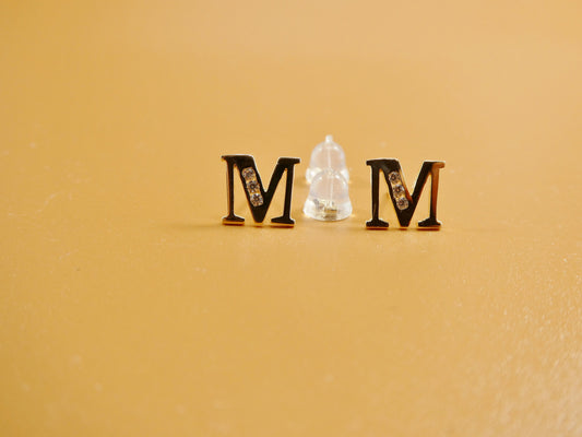 10K real solid yellow gold alphabet initial push back stud earrings