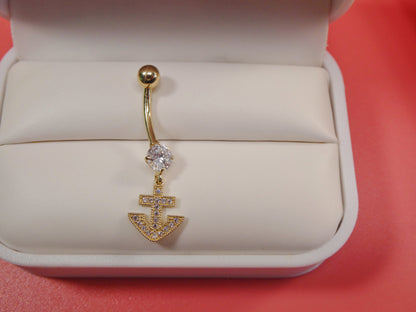 14k Real Solid Yellow Gold Dangling Anchor Belly Button Ring Piercing