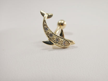 14k Real Solid Yellow Gold Fish Shape Belly Button Ring Piercing
